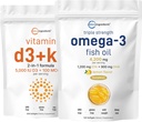 Micro Ingredients Vitamin D3 5.000iu + K2 100mcg Softgels & Omega-3 Fish Oil 120 Softgels Bundle 2 Pack 124; Essential Sunshine Vitumes Medical 124; Wild- Caught Fish, Lemon Flavored, Burpless