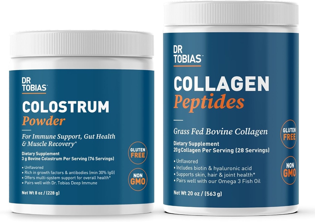 Dr. Tobias Collagen Peptider Powder og Colostrum Powder - Understøtter hud, hår, fælles sundhed, og immunfunktion - Glutenfri, ikke-GMO
