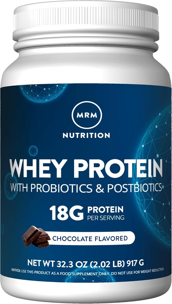 MRM Nutrition Whey Protein Measurement 124; Chocolate Flavored Measurement 124; 18g Protein Measurement 124; med 2 milliarder probiotika + fordøjelsesenzymer + BCAAs Measurement 124; High Absorption + fordøjelsesmiddel 124; Hormon + antibiotikum Free Measurement 124; 33 Servere