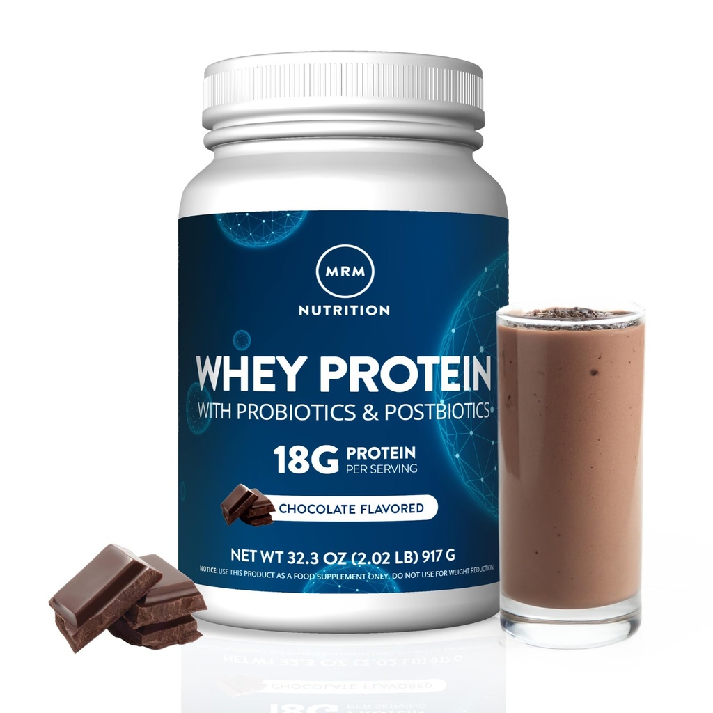 MRM Nutrition Whey Protein Measurement 124; Chocolate Flavored Measurement 124; 18g Protein Measurement 124; med 2 milliarder probiotika + fordøjelsesenzymer + BCAAs Measurement 124; High Absorption + fordøjelsesmiddel 124; Hormon + antibiotikum Free Measurement 124; 33 Servere