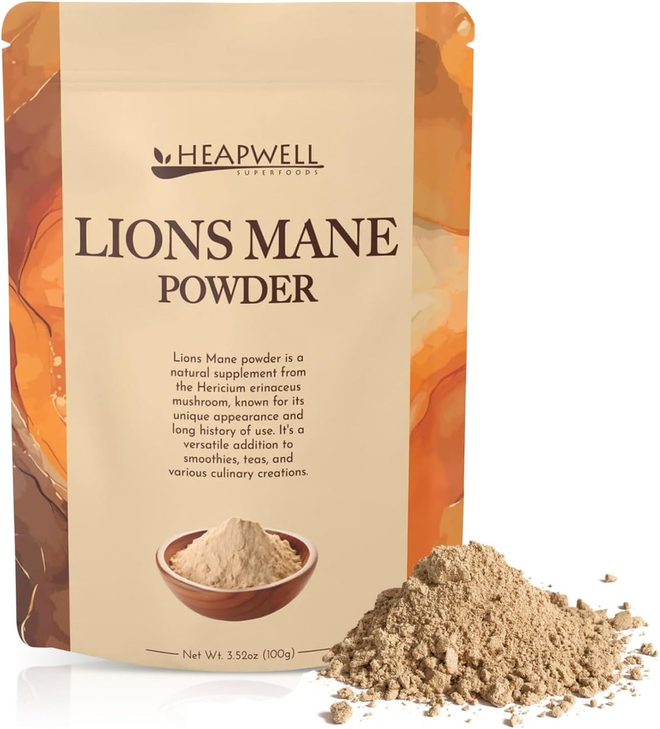 Heapwell Superfoods Lions Mane Powder 100g - Premium Grade, High Spectrum Lions Mane Mushroom supplement til kognitiv support, immunboost, og Mental Klarhed 100 Plus Serveringer