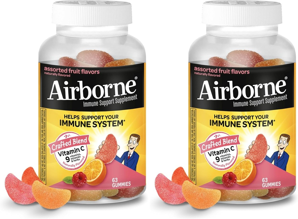 Airborne C-vitamin 750mg (per servering) - Assorted Fruit Gummies (63 Tæl i en flaske), Gluten- Free immunsupport supplement med Vitaminer C E, Selen (pakke med 2)