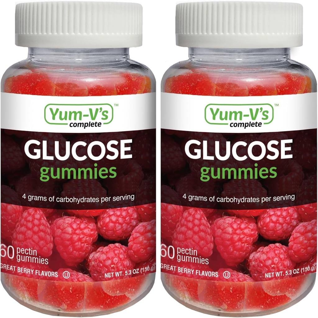 YUM- V 's Glucose Gummies - Fast fungerende Glucose Chewable Gummies - Great Tasting - Gluten Free, Vegan, Non- GMO - Berry Natural Flavor - 60 Chewable Gummy for voksne & Børn (Pack of 2)