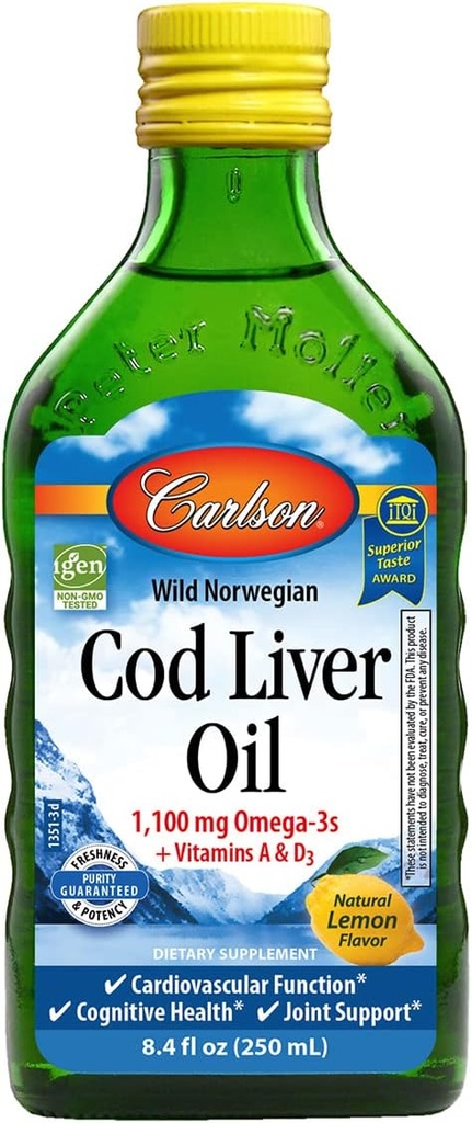 Carlson - Cod Lever Oil, 1100 mg Omega- 3s, Flydende Fish Oil Supplement, Wild-Fanget Norsk Arktis, Sustainable Sourced Nordic Liquid, Lemon, 250 ml