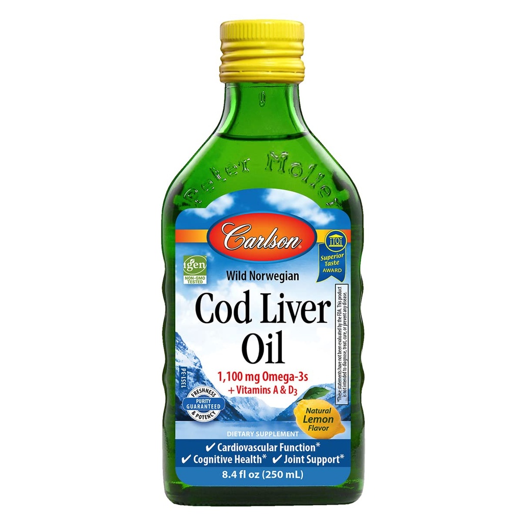 Carlson - Cod Lever Oil, 1100 mg Omega- 3s, Flydende Fish Oil Supplement, Wild-Fanget Norsk Arktis, Sustainable Sourced Nordic Liquid, Lemon, 250 ml