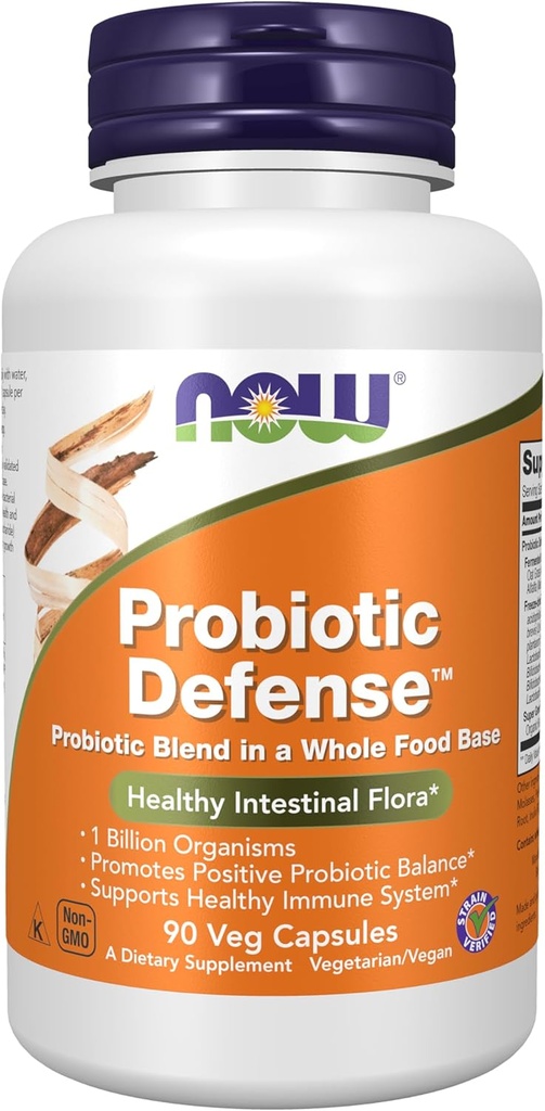 Now Foods Supplements, Probiotic Defense, Probiotic Blend i en hel fødevarebase med 1 Millioner Organismer, 90 Veg Kapsler