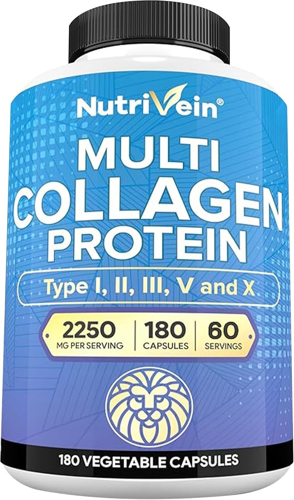 Nutrivein Premium Multi Collagen Pills 2250 mg - 180 Easy- to- Swallow Collagen kapsler: Type I, II, III, V, X Hydrolyserede proteinpeptider til kvinder og mænd - Aging, Joints, Hår, Hud, Knogler, & Nails