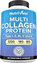Nutrivein Premium Multi Collagen Pills 2250 mg - 180 Easy- to- Swallow Collagen kapsler: Type I, II, III, V, X Hydrolyserede proteinpeptider til kvinder og mænd - Aging, Joints, Hår, Hud, Knogler, & Nails