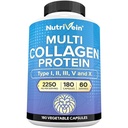 Nutrivein Premium Multi Collagen Pills 2250 mg - 180 Easy- to- Swallow Collagen kapsler: Type I, II, III, V, X Hydrolyserede proteinpeptider til kvinder og mænd - Aging, Joints, Hår, Hud, Knogler, & Nails