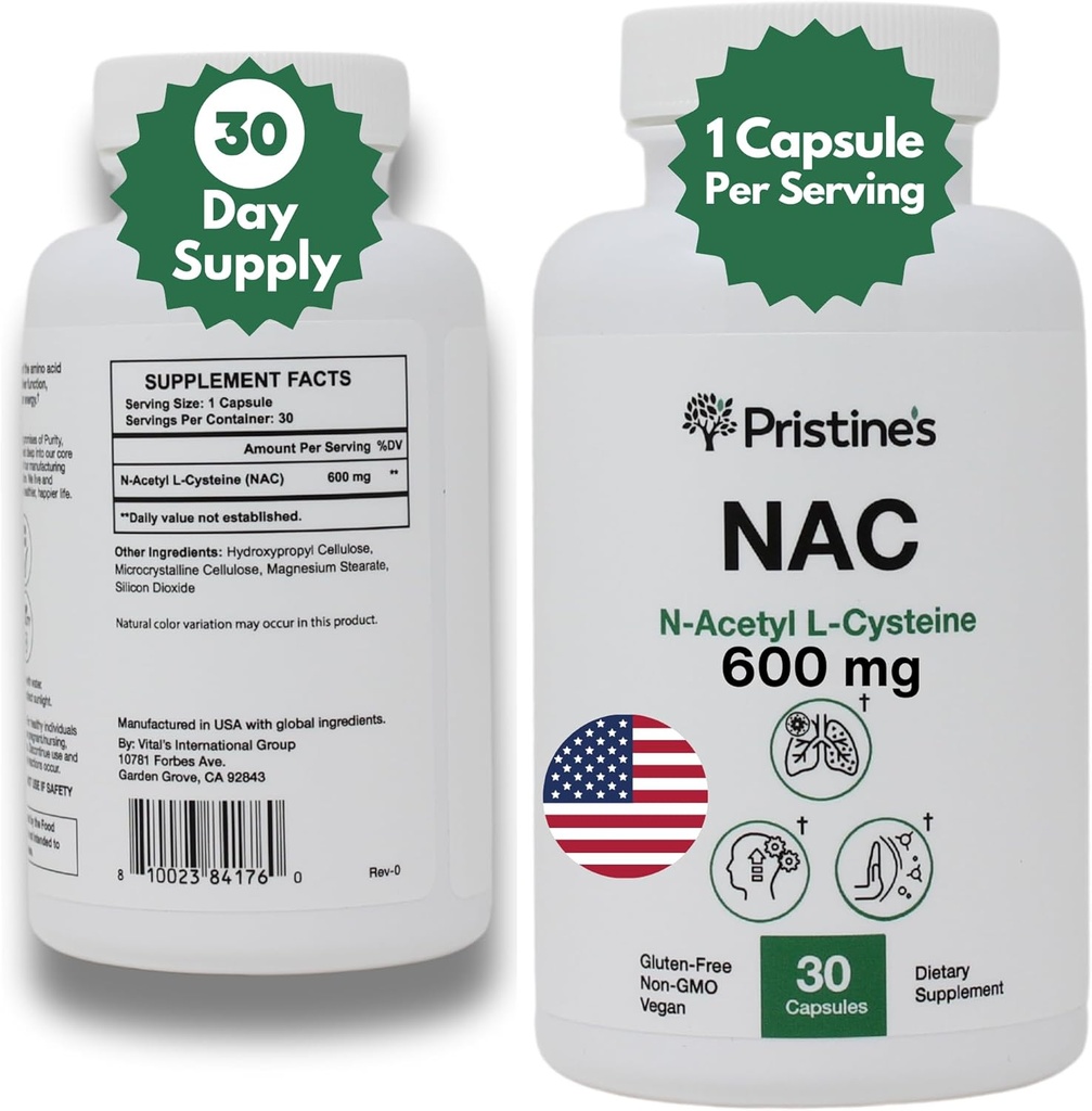 PRISTINE 'S N- Acetyl L- Cystein (NAC) 600MG 30- Day Supply Potent Lung & Liver Immunity Antioxidant Supplement Kapsler - Mood & Mental Health Support