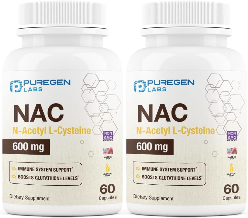 Puregen Labs N- Acetyl- L- Cysteine (NAC) 600mg, Support Immunation, Respiratoriske, Lever Sundhed, NAC 600 mg, Potent antioxidant Support, Free- radikaler, Let at Absorb - Total 120 Veggie kapsler