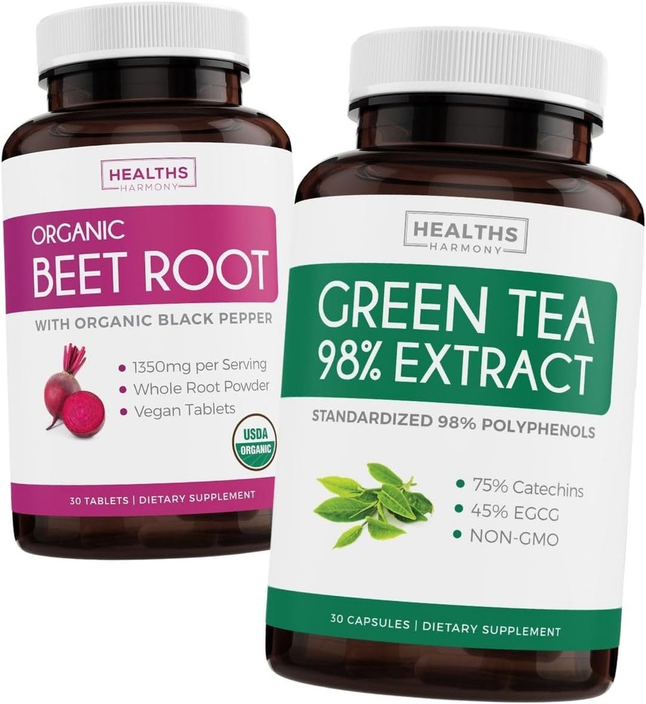 Beet Root & Green Tea Extract (2-Week Supply) Beet & Tea Power Mix - Organic Beet Root med Black Pepper til Absorption 1250mg (30 tabletter) & Green Tea Extract 98% med EGCG 1000mg per serv (30 hætter)