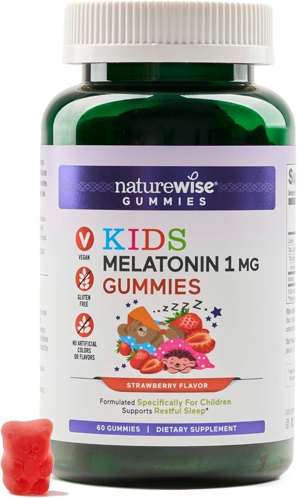 Naturlige Kids Melatonin Gummies 1 mg - Drug- Free, Non- Habit Danning Sleep Aid for Children Age 4 & Up - Strawberry Flavored Gummy Bears - Vegan, Gluten Free, Non- GMO - 60 Greve [2 - Måned Supply]