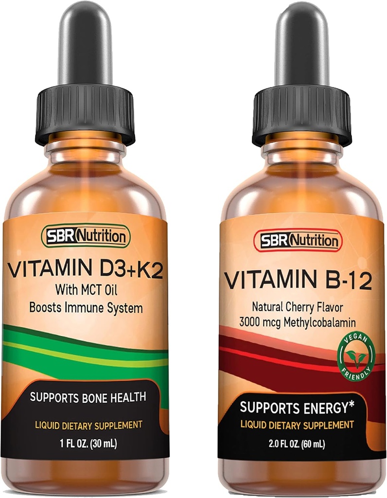 SBR Nutrition D3 + K2 og B12 Bundle Vitamin D3K2 (MK7) Liquid Drops, Pebermynte 1oz - 124; Vitamin B - 12 3000mcg Liquid Drops, 2oz - 124; for voksne & Kids - 124; Non- GMO, Gluten Free