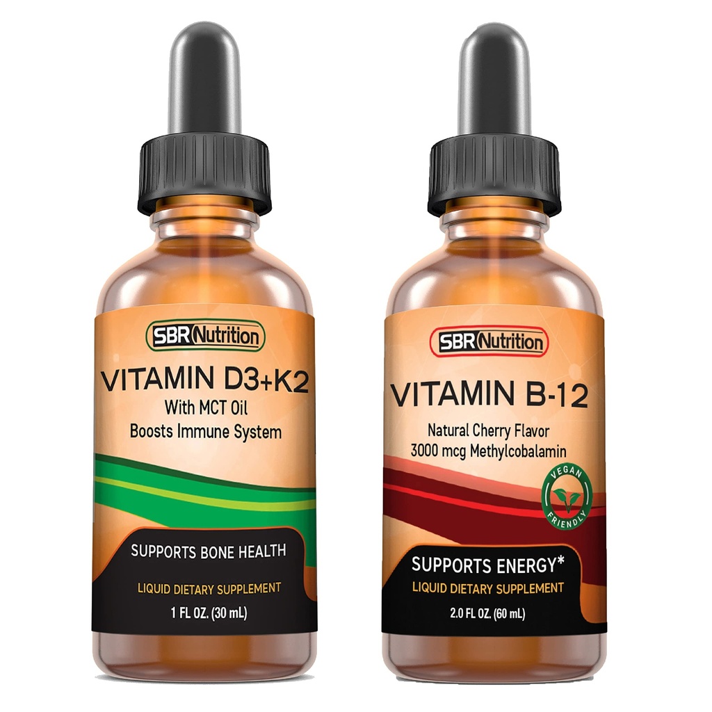 SBR Nutrition D3 + K2 og B12 Bundle Vitamin D3K2 (MK7) Liquid Drops, Pebermynte 1oz - 124; Vitamin B - 12 3000mcg Liquid Drops, 2oz - 124; for voksne & Kids - 124; Non- GMO, Gluten Free