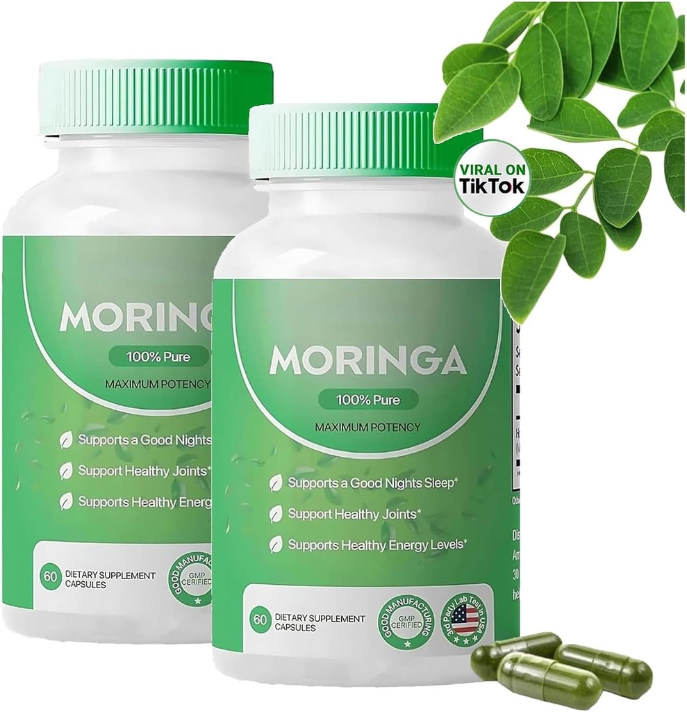 Pure Moringa Powder Capsules - 800mg, Antioxidant Superfood for Energy, Skin Health & Gut Support - Rich in Essential Vitamin & Aminosyrer - Natural, Non- GMO, 60 Kapsler (2)