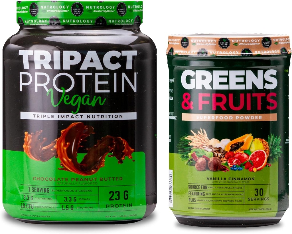 Nutrologi Grønne & frugter Powder- naturligt sourced Superfood, Vanilla kanel (30 Servere) TRIPACT Vegan Protein Powder, Chokolade Peanut Butter (20 Servere)