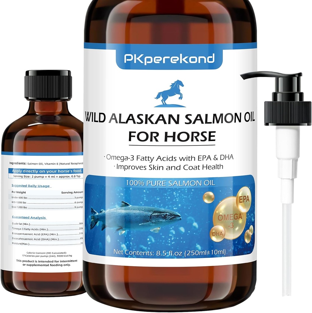 Wild Alaska Salmon Oil for Horse, Itch Relief, Fish Oil Omega 3 EPA + DHA fedtsyrer, Hud & Coat supplement til heste, Support fælles funktion, Immun & Heart Health