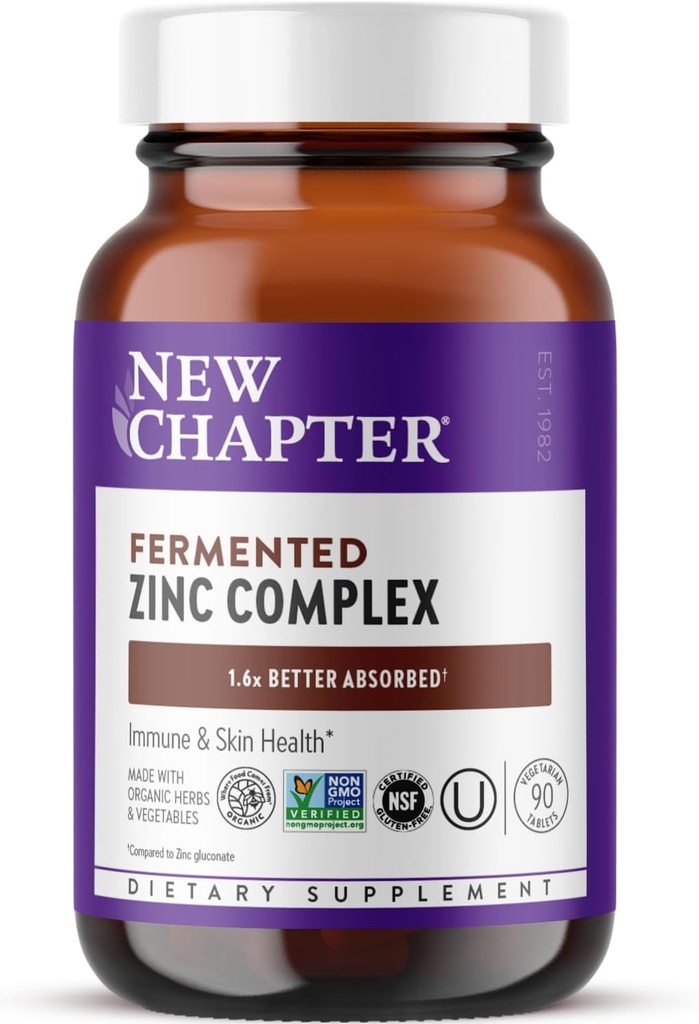 Nyt kapitel Zink supplement, Gæret Zink Complex, One Daily for immun Support + Skin Health, Mineral- Balancing Formel Rich i kobber, Let at synke & Digest, 90 Greve (3 måneders Tilgang)