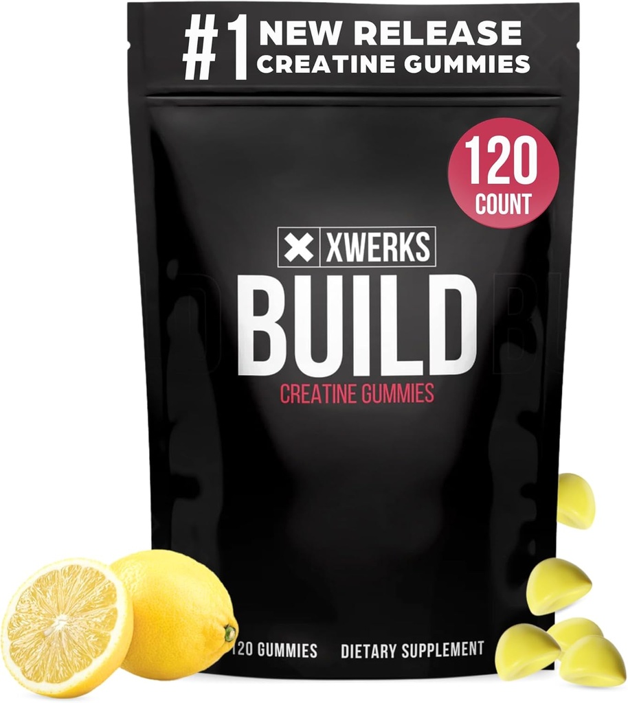 Xwerks Build Creatinine Gummies for mænd og kvinder, 120 Greve, 100% Pure Creatinine Monohydrat, Lemon Flavored Muscle Building Gummies 4g Per Servering, Pre Workout Anti Melting, 5000mg Total Creatin