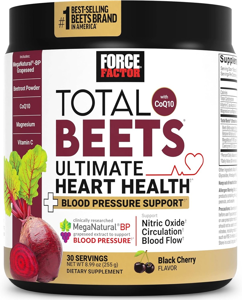 Force Factor Total Beets Ultimate Heart Health Blood Pressure Support med CoQ10, Beet Root Powder, Grape Seed Extract, Blood Pressure Supplement til cirkulation, Black Cherry, 30 Servere