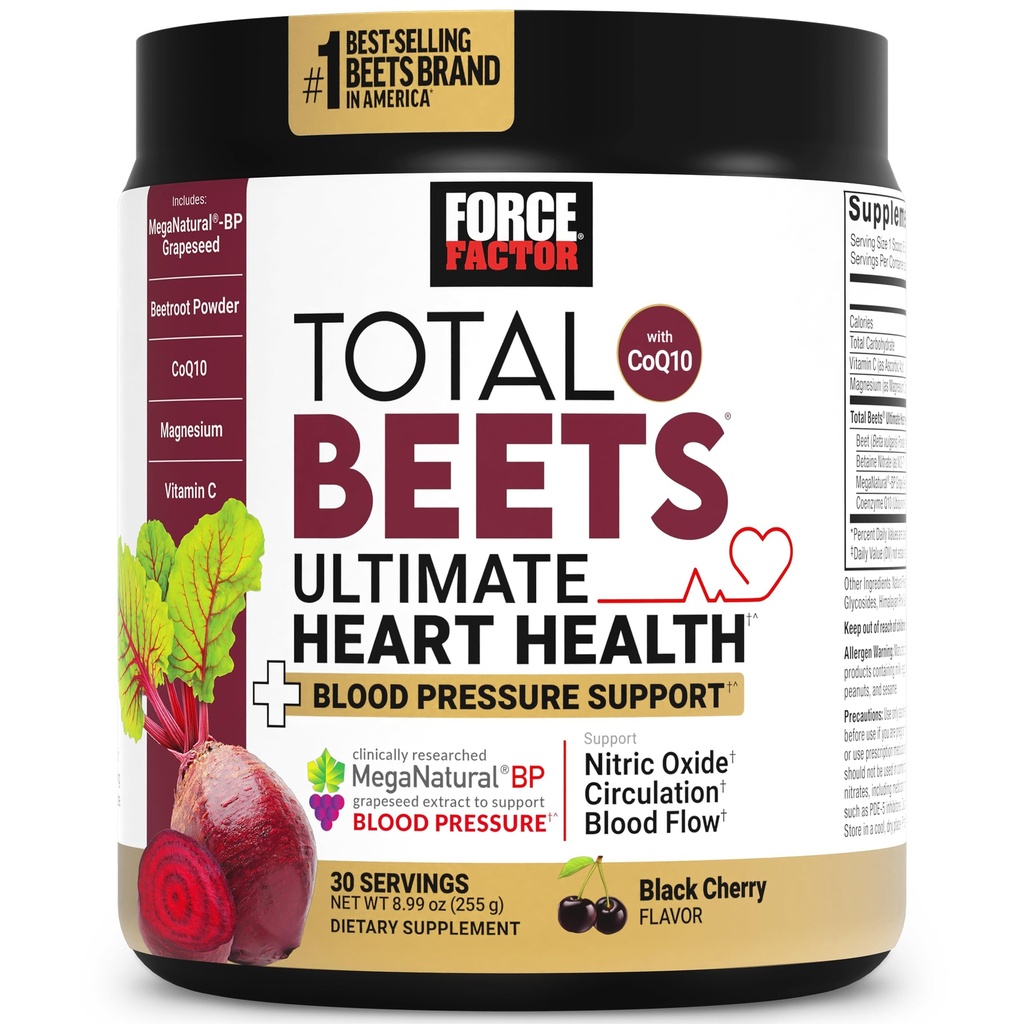 Force Factor Total Beets Ultimate Heart Health Blood Pressure Support med CoQ10, Beet Root Powder, Grape Seed Extract, Blood Pressure Supplement til cirkulation, Black Cherry, 30 Servere