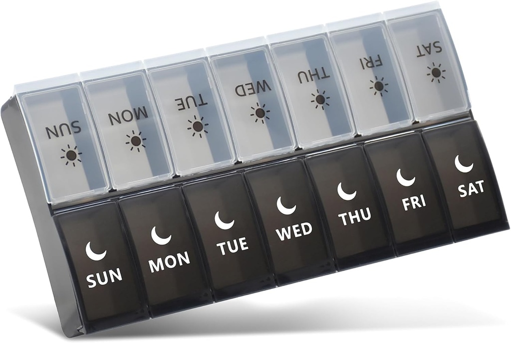 Stor Pill Organizer 2 gange om dagen, Ugentlig Pill Case, AM PM Pill Box, Day Night Pill Container 7 dag, Vitamin Case Medicin Dispenser to gange om dagen (sort & hvid)