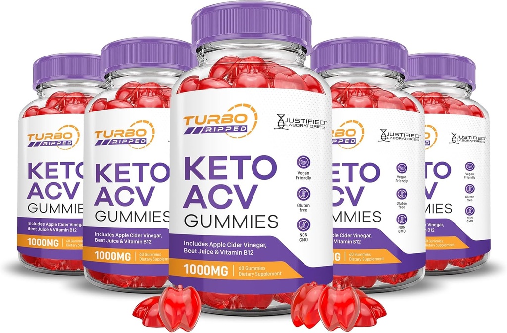 (5 Pack) Turbo Ripped Keto ACV Gummies Advanced Formel 1000MG Turbo Ripped Keto Gummies Apple Cider Vinticaria Formuleret med Pomegranate Beet Juice Powder B12 Vegan Non GMO 300 Gummys