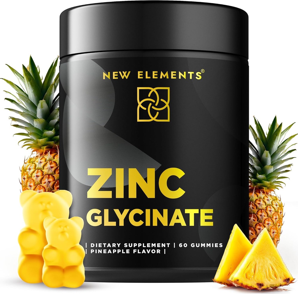 Zink Glycinate Gummies for voksne • 124; Zink Kosttilskud 50mg • 124; Understøtter immunforsvar • 124; Metabolisme • 124; Hudpleje • 124; Vegan • 124; Non- GMO • 124; Gluten- Free • 124; Natural Pineapple Flavor • 124; ved nye elementer