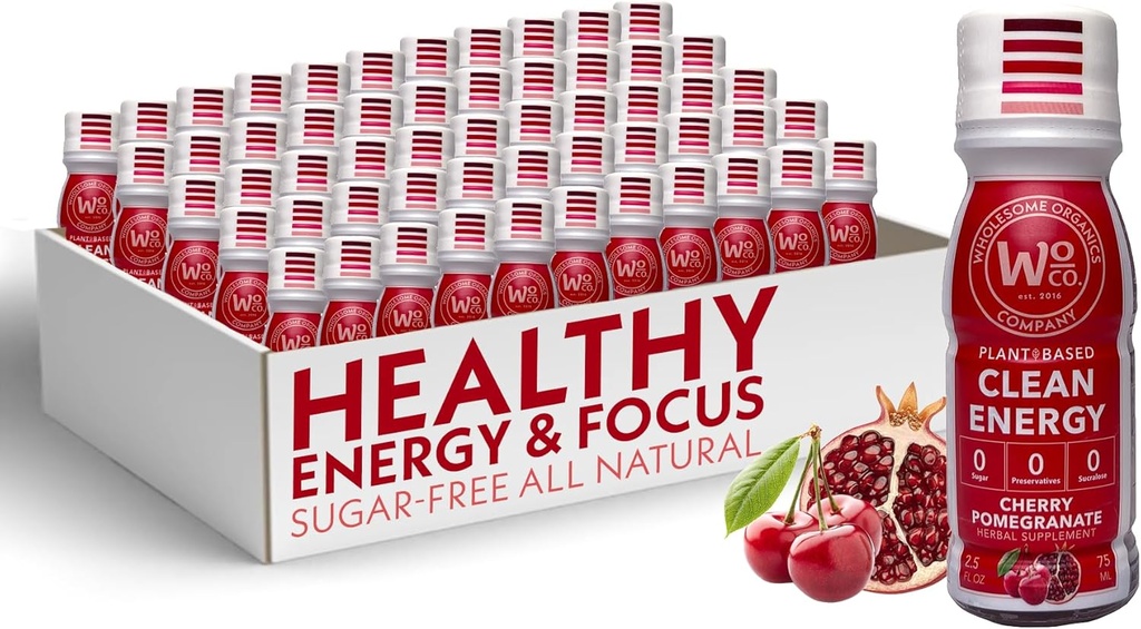 Grossic Organics - Sugar Free Energy Shots Extra Strength Natural & Sund Energy Drinks - Plantbaserede energi kosttilskud w / Vitamin B12 Lions Mane & Yerba Mate - Cherry Pomegranate Flavor 48 Pack