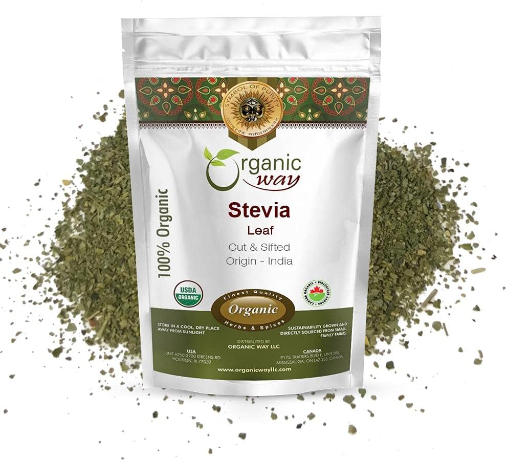 Organic Way Stevia Leaf Cut & Sigted (Stevia Rebaudiana) - Kosher & USDA Certified Measures 124; Non- GMO & Gluten Free Measurety 124; Natural Sweetening Measurement 124; 100% Raw from India (1 / 2LBS / 8Oz)