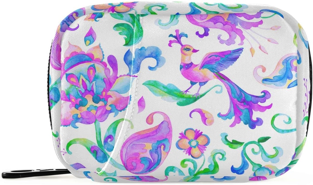 Vandfarve Fugle Paisley Pill Box 7 Dag Pill Case Rejsepose Pill Organizer Bag med lynlås Portable ugentlige sag Kompakt størrelse for Vitamin Supplement Holder