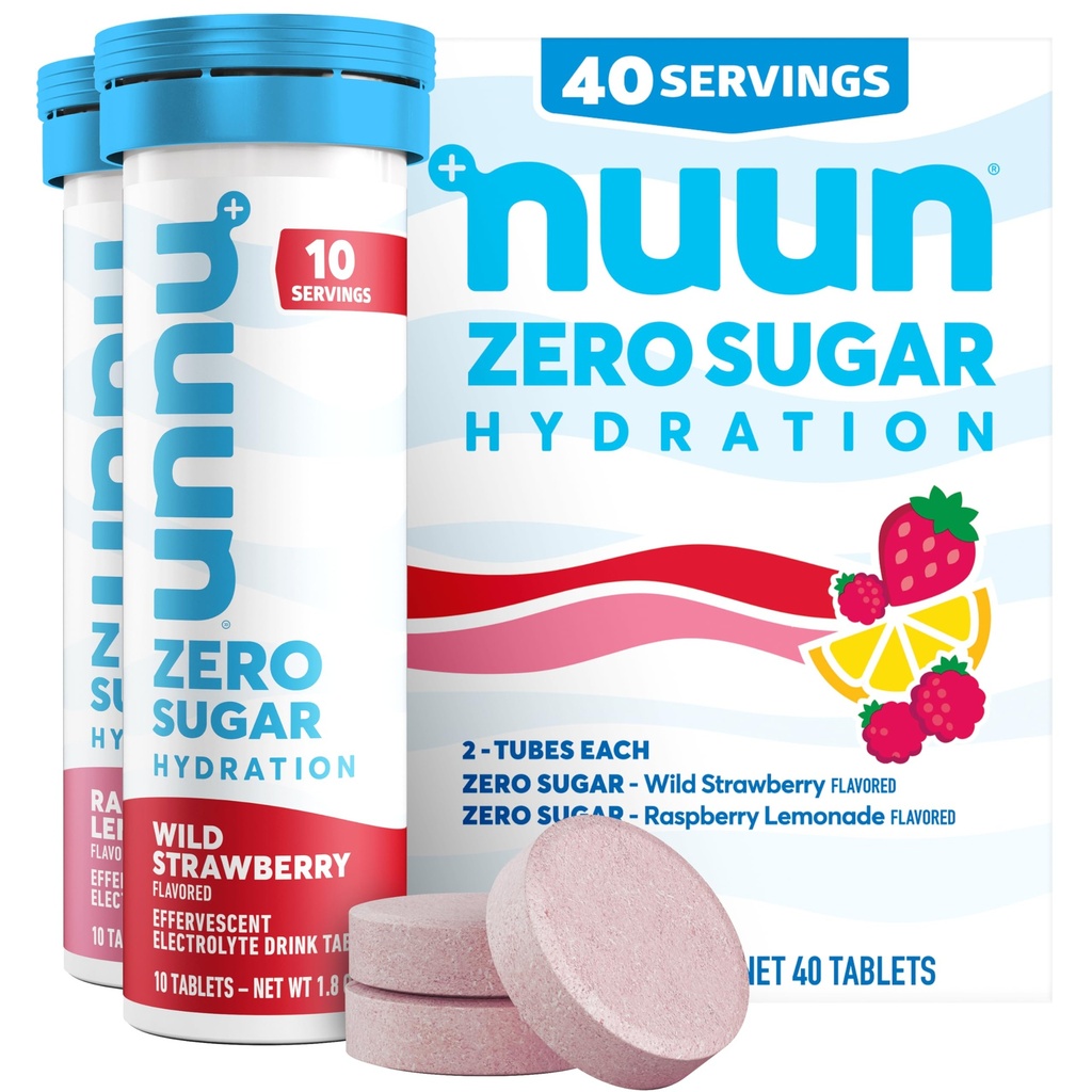 Nuun Zero Sugar Hydration Electrolyte Tablets - Magnesium, Calcium, Kalium, Chlorid & Natrium, Light & Delicious Fruit Flavors, No Sugar, Gluten Free, Vegan, Mixed Berry 4 Pack (40 Servere i alt)