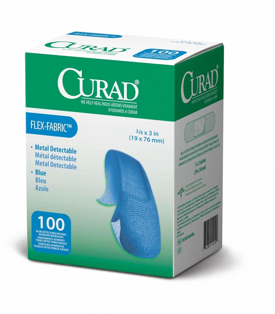 CURAD Food Service Metal Detectable Blue Fabric Adhesive Bandages 3 / 4 "x 3", pakke med 100