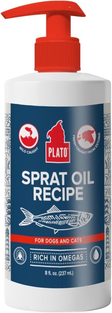 PLATO Pet Treats Fish Oil til hunde - Omega 3 Olie til hunde - Understøtter sund hud og Coat - Baltic Sprat Oil Opskrift 8 Ounces