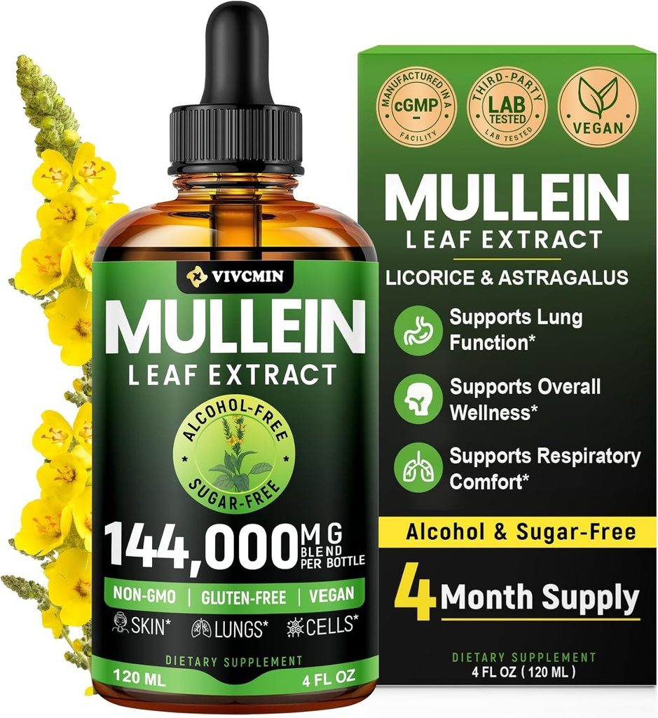 Mullein Drops til lunger med lakrids & Astragalus, Respiratoriske & immunforsvar, Lung Detox til Rygere Tincture, Mullein Leaf Extract til Lung Cleanse, Sukker & Alkohol- Free, 4 fl oz