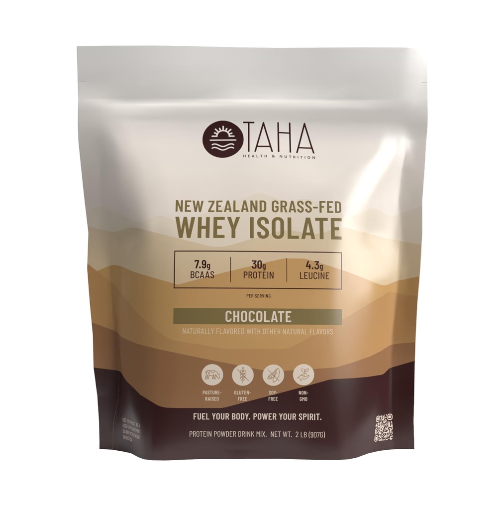 Taha Health & Nutrition Chocolate Whey Protein Isolate Powder, 30g Protein, 7,9 g BCAA, 4,3g Leucin - 124; New Zealand Free- Range, Grass- Fed Dairy - 124; Gluten- Free, Keto, Kosher - 124; 2LB, ~ 24 Servering