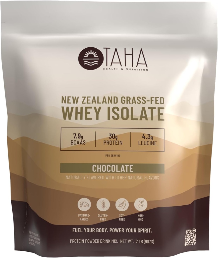 Taha Health & Nutrition Chocolate Whey Protein Isolate Powder, 30g Protein, 7,9 g BCAA, 4,3g Leucin - 124; New Zealand Free- Range, Grass- Fed Dairy - 124; Gluten- Free, Keto, Kosher - 124; 2LB, ~ 24 Servering