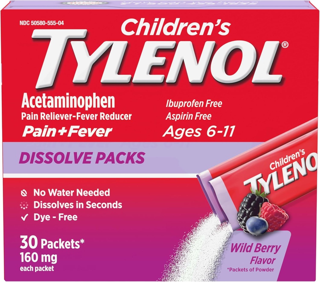 Børn Tylenol Opløs pakker til smertelindring, Feber Medicin, 160 mg Acetaminophen, Dye Free, Kids 'Powder Packets for Cold & Flu Symptom Relief; Wild Berry Flavor, 30 ct.; Pakning med 1 stk.