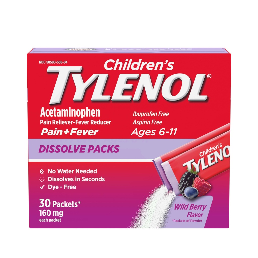 Børn Tylenol Opløs pakker til smertelindring, Feber Medicin, 160 mg Acetaminophen, Dye Free, Kids 'Powder Packets for Cold & Flu Symptom Relief; Wild Berry Flavor, 30 ct.; Pakning med 1 stk.