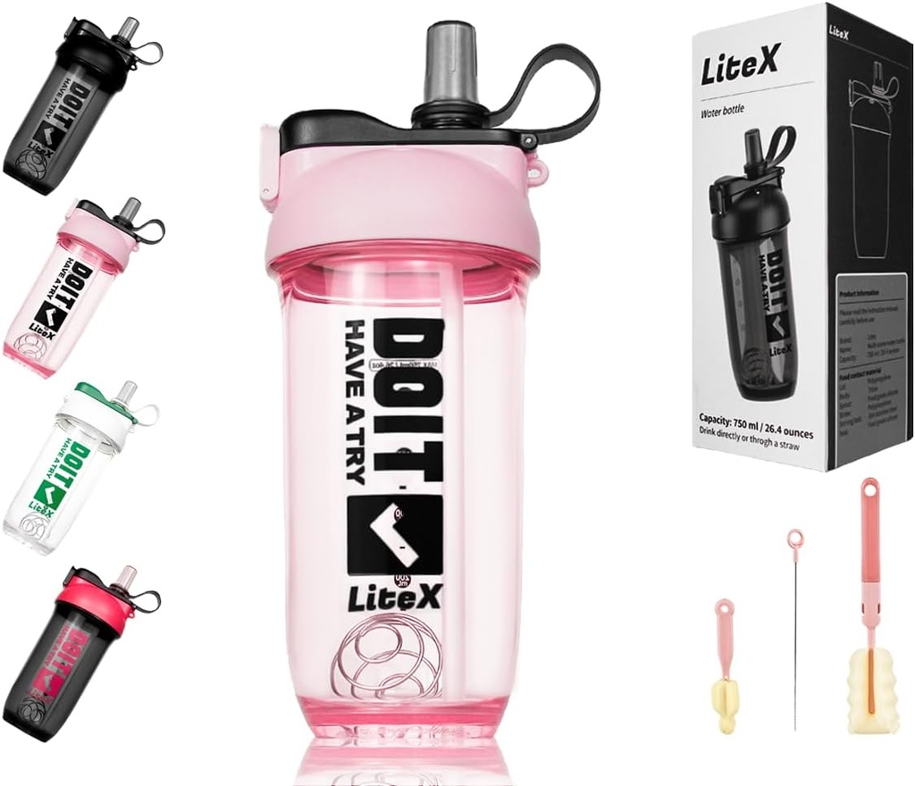 Litex Shaker Flasker til Protein Shakes, 26oz Blender Shaker Flaske til Pre- workout, Shaker Cups med Straw, BPA- gratis Tritan Mixer Flasker til Protein Powder, med Cup Børst og Instruktioner (Pink)