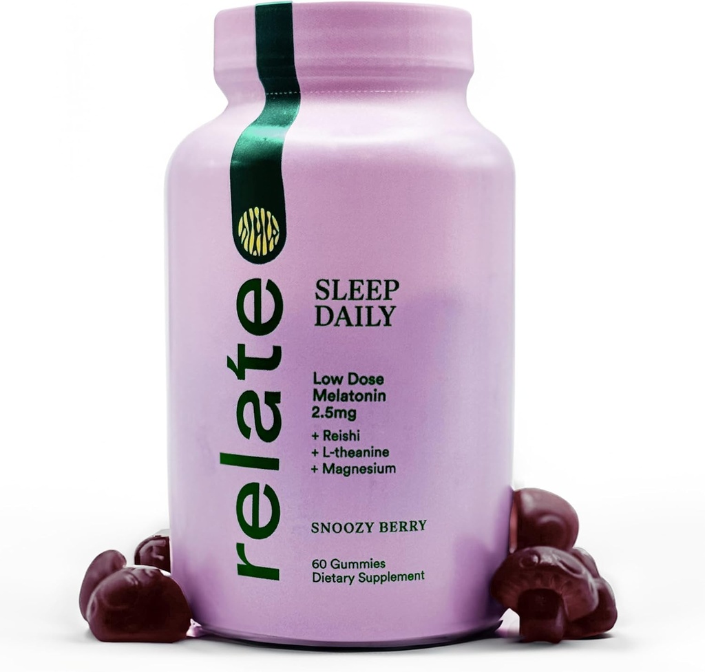 Relate Sleep Daily Gummies - Mushroom-Infused Sleep Support with Low-Dose Melatonin, Magnesium, L-Theanine, Lion's Mane, Reishi, Cordyceps, and Turkey Tail Mushrooms - Vegan, Made in USA - 60 Count