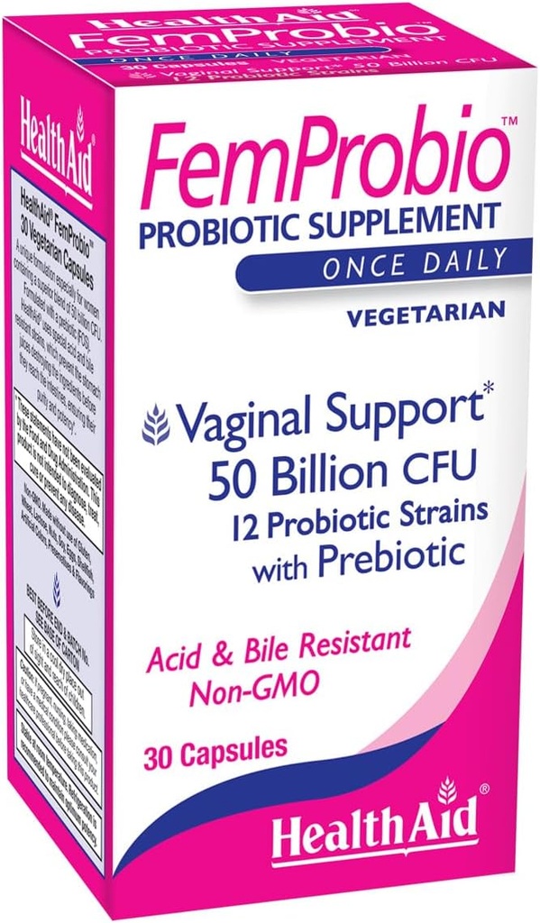 HealthAid FemProbio - Once- Daily Probiotic med Prebiotic Fiber Measures 124; 50 Millioner CFU Measures 124; 30 Vegetariske Capsules Measures 124; Acid & Bile Resistent, Lactose, Gluten & GMO- Free