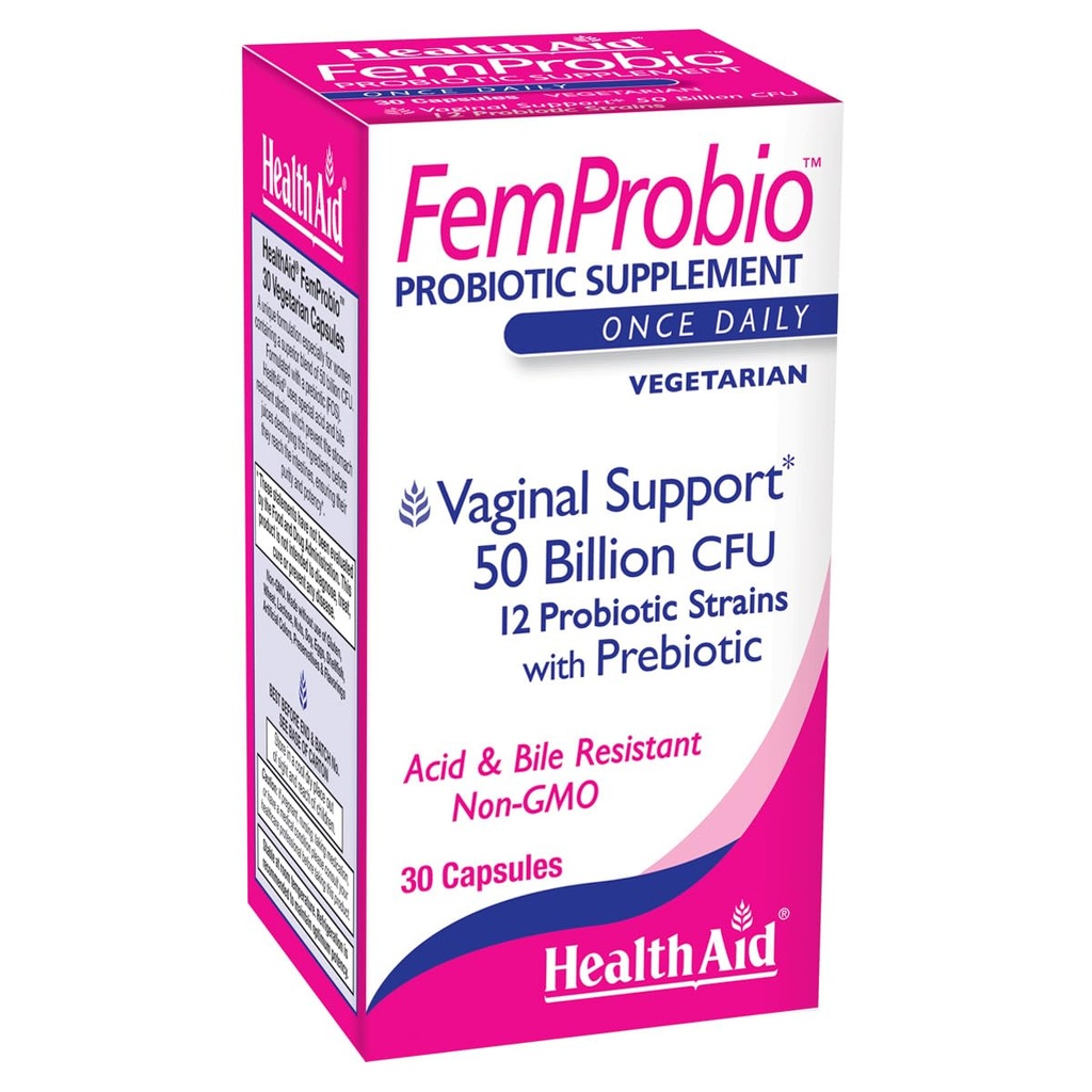HealthAid FemProbio - Once- Daily Probiotic med Prebiotic Fiber Measures 124; 50 Millioner CFU Measures 124; 30 Vegetariske Capsules Measures 124; Acid & Bile Resistent, Lactose, Gluten & GMO- Free