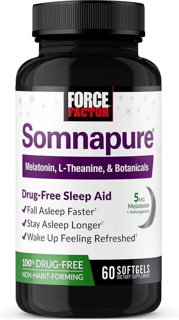 FORCE FACTOR Somnapure Softels Sleep Aid to Fall Asseep Hurtigere, Stay Asseep Longer, Wake Up Refreshed, Sleep Aid for Voksne med Melatonin, Ashwagandha, Valerian Root, og Lemon Balm, 60 Softels