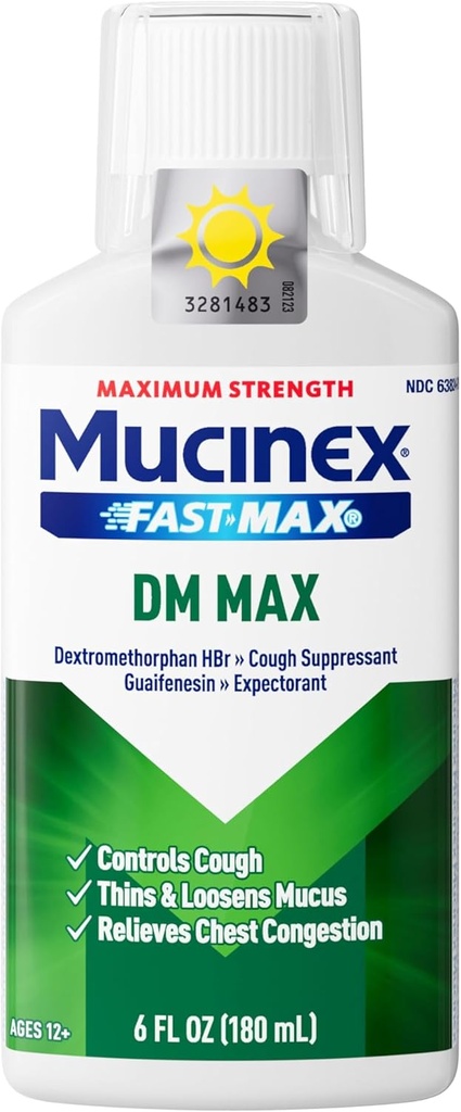 Mucinex DM Max Liquid Hough & Cold Medicine for Voksne, Cold and Flue Medicine for Excess Mucus Relief, Guaifenesin & Dextromethorphan Expectorant & Decongestant for Voksne, Dr. Recommended, 6.0 Fl Oz