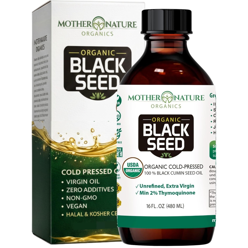 Moder Natur USDA Organic Black Seed Oil - Cold Pressed, Uraffineret & Vegan Nigella Sativa, High Thymoquinon (2% +), Omega 3 6 9 for immunforsvar, Joint & Heart Support, Hår & Hud, Non- GMO, 16oz