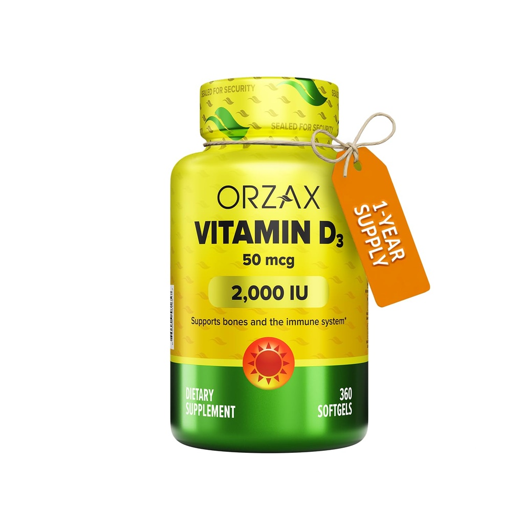ORZAX Vitamin D3 2000 iu (50 mcg) - Non-GMO, Gluten Free, Sugar Free, Dairy Free - 1 års levering til stærk muskelfunktion og immunforsvar - Mood Supplement for Wellness (360 Softgel)