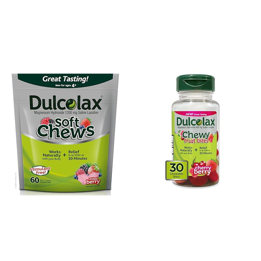 Dulcolax Soft Chews Saline Laxative Mixed Berry (60ct) Gentle Constipation Relief & Chewy Fruit Bites, Saline Laxative, Cherry Berry (30ct) Cramp-Free Constipment Relief