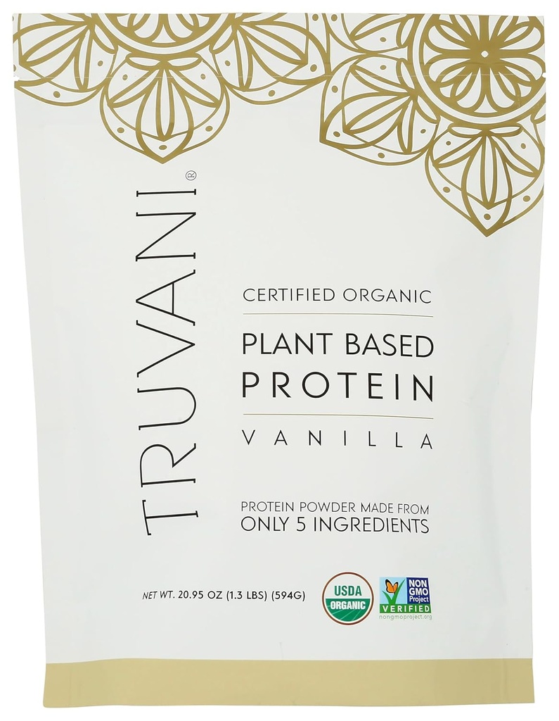 Truvani Vegan Pea Protein Powder • 124; Vanilla • 124; 20g Organic Plant Based Protein Per Serving • 124; 20 Servering • 124; Keto • 124; Gluten & Dairy Free • 124; Lav Carb • 124; Ingen tilsat sukker